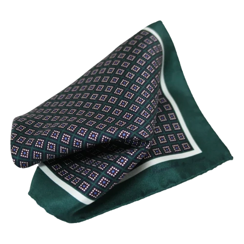 Pochette da taschino uomo in seta twill con microfantasia geometrica verde blu e bianco
