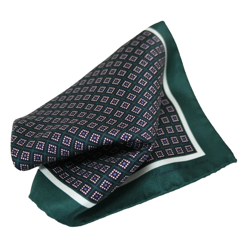 Pochette da taschino uomo in seta twill con microfantasia geometrica verde blu e bianco