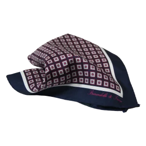 Pochette da taschino uomo in seta twill con microfantasia geometrica blu bordeaux e bianco