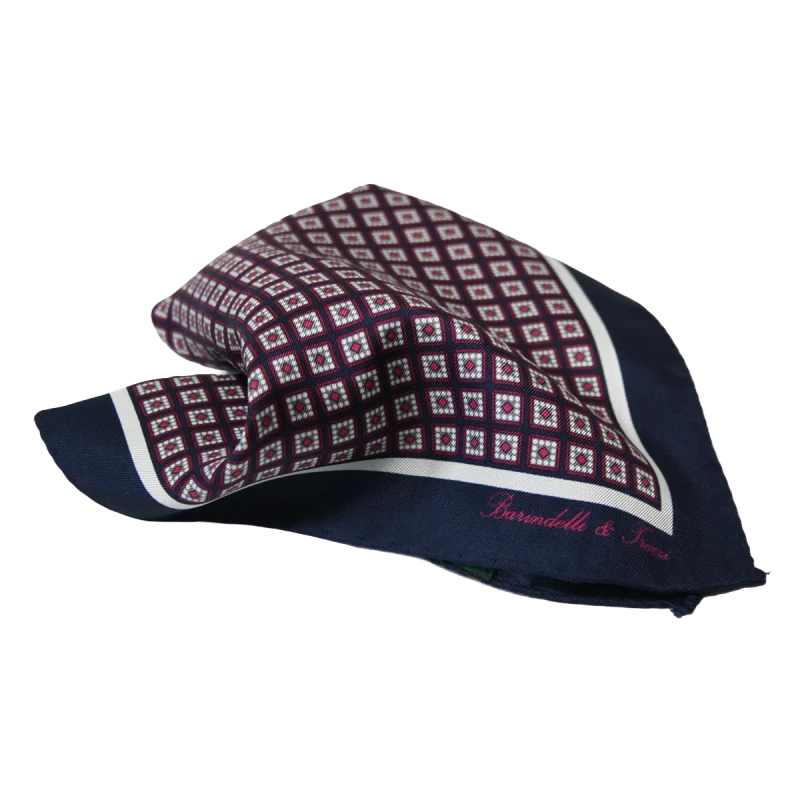 Pochette da taschino uomo in seta twill con microfantasia geometrica blu bordeaux e bianco