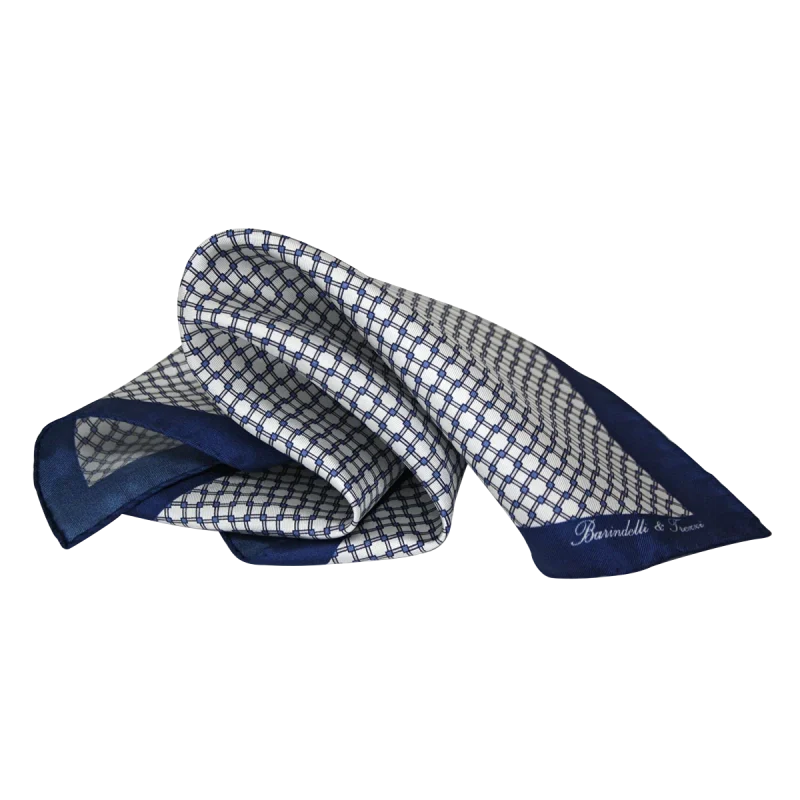 Pochette da taschino uomo in seta twill con fantasia geometrica bianca e blu navy
