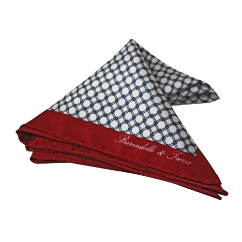 Pochette da taschino uomo in seta twill con fantasia geometrica bianca e bordeaux