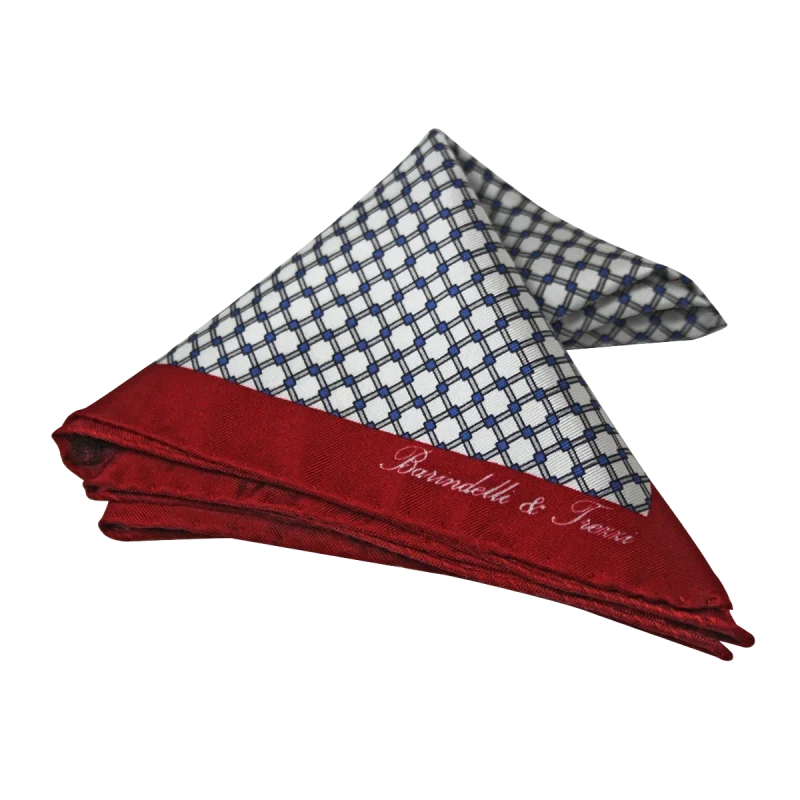 Pochette da taschino uomo in seta twill con fantasia geometrica bianca e bordeaux