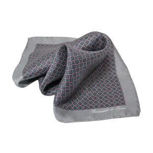 Pochette da taschino uomo in seta twill con fantasia geometrica grigio antracite e rosa