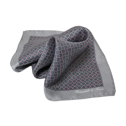 Pochette da taschino uomo in seta twill con fantasia geometrica grigio antracite e rosa