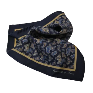 Pochette da taschino uomo in seta twill con fantasia paisley blu navy e beige