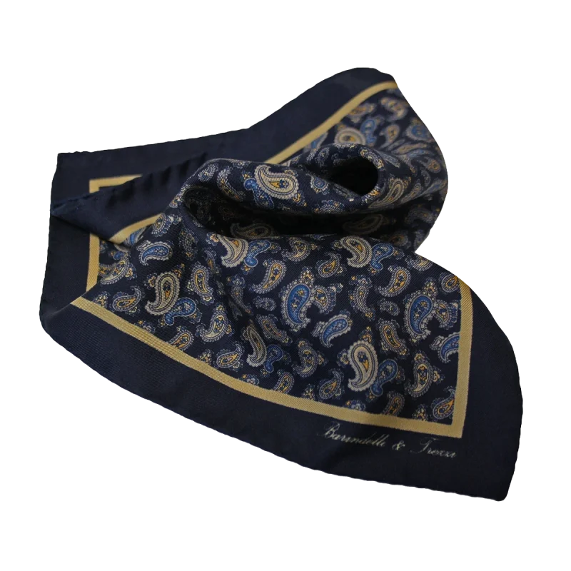 Pochette da taschino uomo in seta twill con fantasia paisley blu navy e beige
