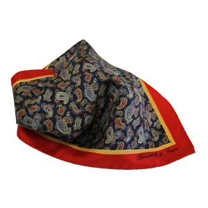 Pochette da taschino uomo in seta twill con fantasia paisley blu navy e rosso