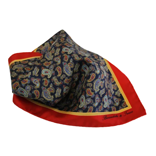 Pochette da taschino uomo in seta twill con fantasia paisley blu navy e rosso