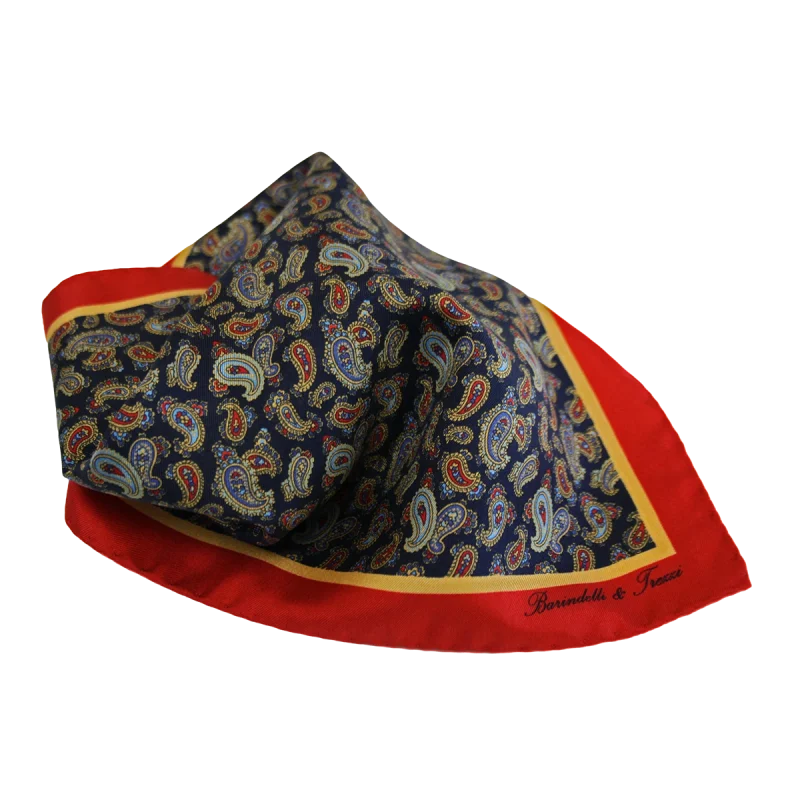 Pochette da taschino uomo in seta twill con fantasia paisley blu navy e rosso