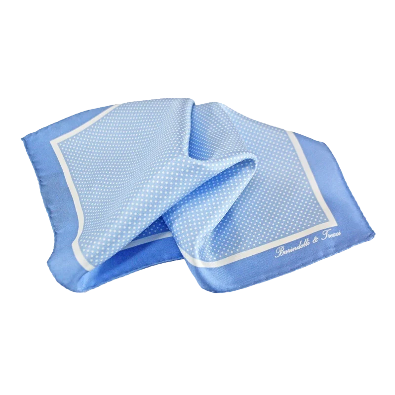 Pochette da taschino uomo in seta twill azzurra con micro fantasia pois bianca