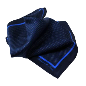 Pochette da taschino uomo in seta twill con fantasia pois blu navy e azzurra
