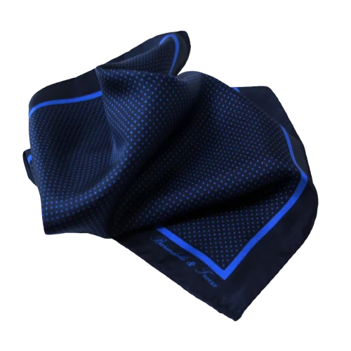 Pochette da taschino uomo in seta twill con fantasia pois blu navy e azzurra