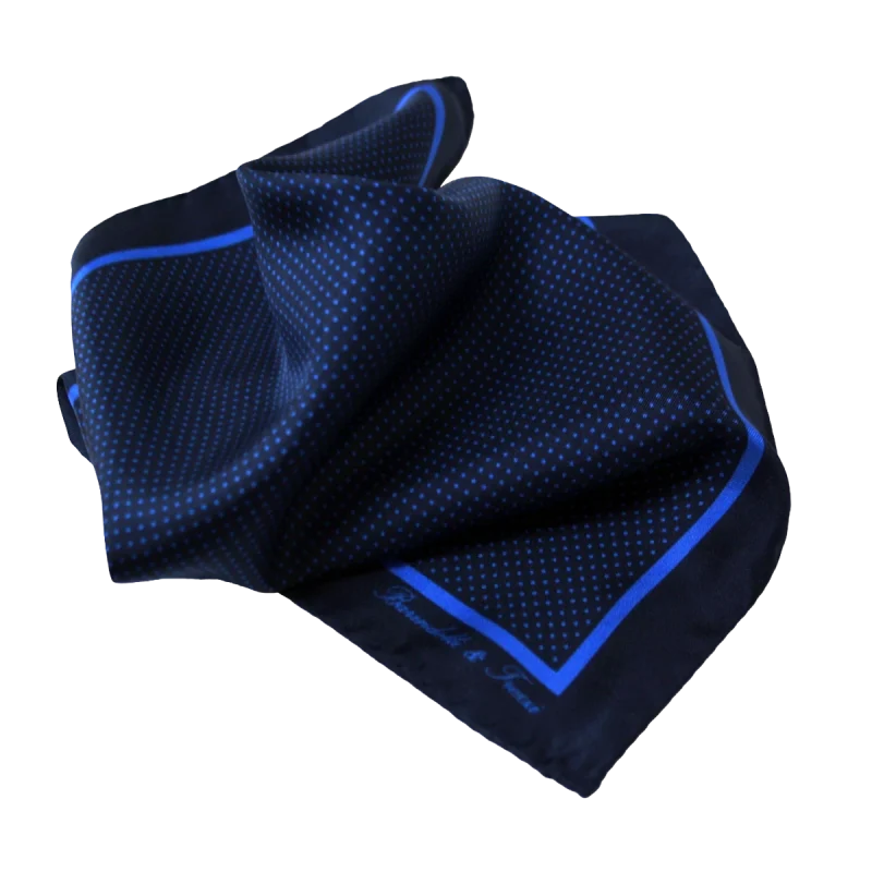 Pochette da taschino uomo in seta twill con fantasia pois blu navy e azzurra