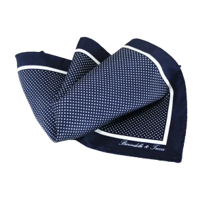 Pochette da taschino uomo in seta twill blu navy con micro fantasia pois bianca