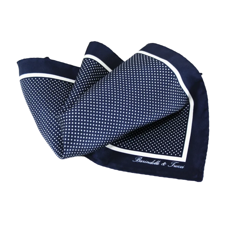 Pochette da taschino uomo in seta twill blu navy con micro fantasia pois bianca