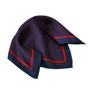 Pochette da taschino uomo in seta twill con fantasia pois blu navy e rossa