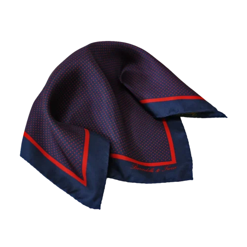 Pochette da taschino uomo in seta twill con fantasia pois blu navy e rossa