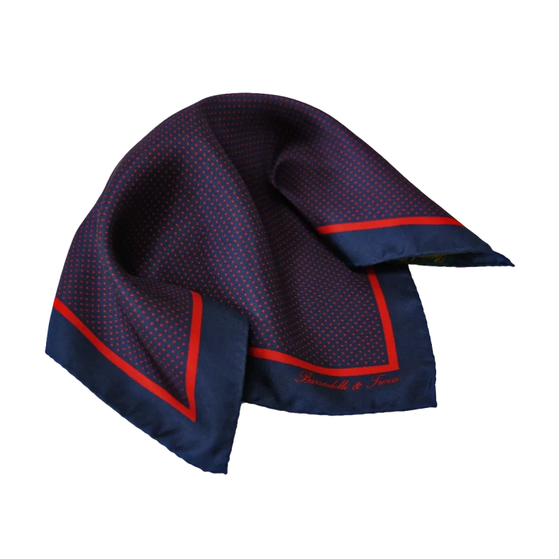 Pochette da taschino uomo in seta twill con fantasia pois blu navy e rossa