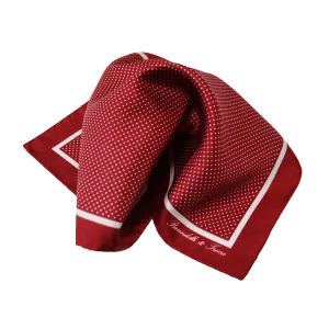 Pochette da taschino uomo in seta twill con fantasia pois rossa e bianca