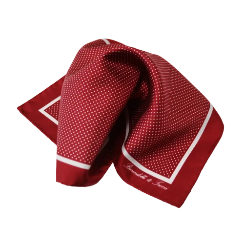 Pochette da taschino uomo in seta twill con fantasia pois rossa e bianca