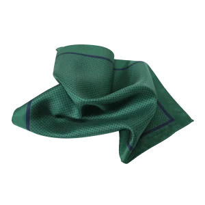 Pochette da taschino uomo in seta twill verde e blu navy con micro fantasia pois