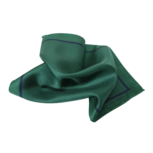 Pochette da taschino uomo in seta twill verde e blu navy con micro fantasia pois