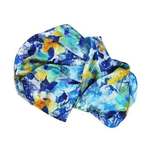sciarpa seta camelie blu turchese giallo avorio