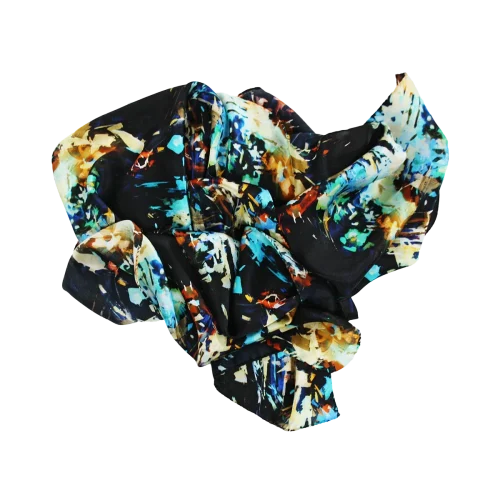 sciarpa pennellate astratte nero blu turchese oro
