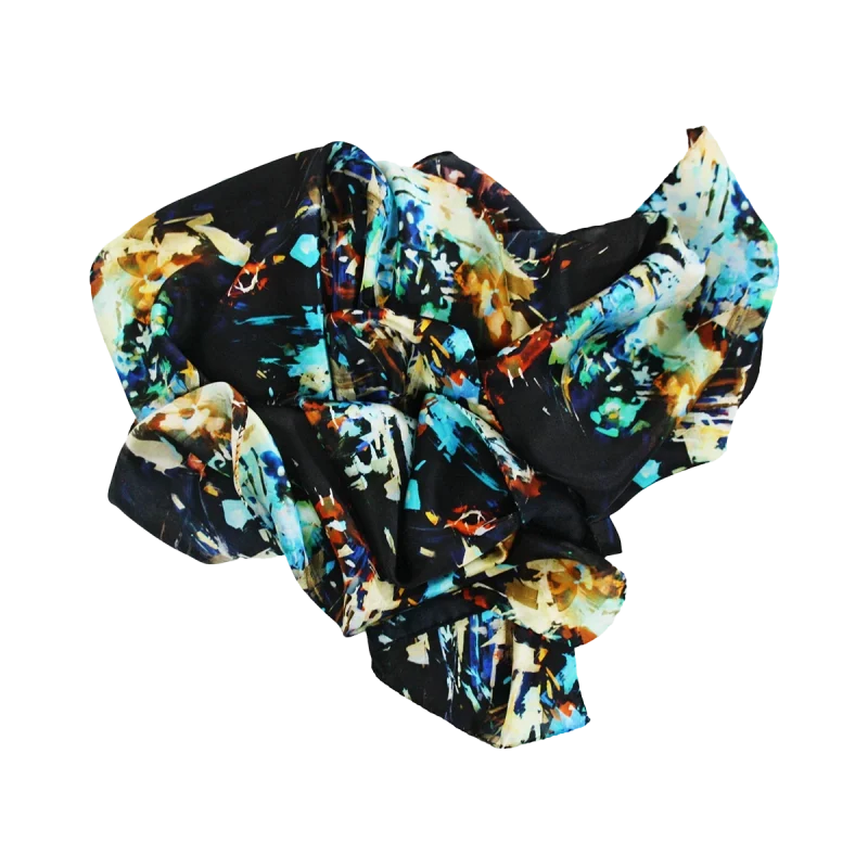 sciarpa pennellate astratte nero blu turchese oro