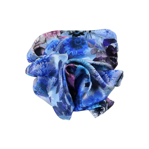 sciarpa seta donna fiori anemoni e peonie blu appoggiata